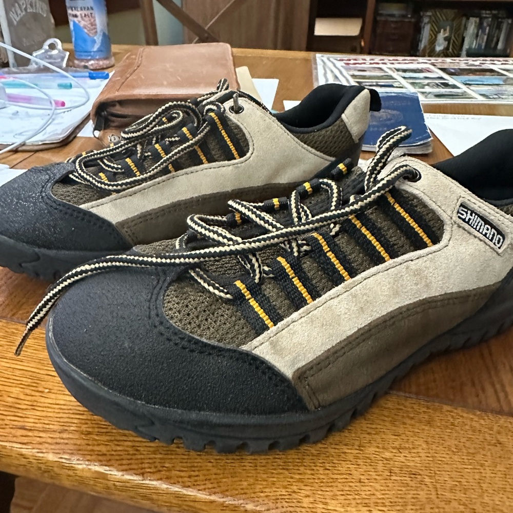 Shimano Tan and Black Sneakers with clip ons for mountain biking